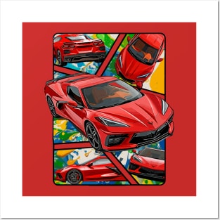 Multiple Angles of the Red C8 Corvette Presented In A Bold Vibrant Panel Art Display Supercar Sports Car Racecar Torch Red Corvette C8 Posters and Art